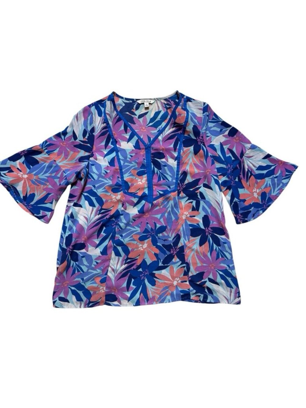 Pioneer Woman Floral Blouse Large Blue Pink Boho Flowy Top